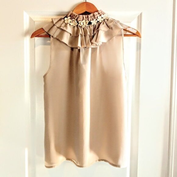Anthropologie Floreat Beige Ruffle Collar Silk Sleeveless Top - Picture 3 of 6